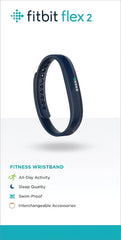 Fitbit Flex 2 fitness wristband on a white background with product features listed.