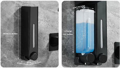 Black wall-mounted soap dispenser with blue liquid, shown from two angles on a gray background.