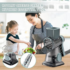 Woman and child using a rotary cheese grater in a kitchen setting with product details inset.