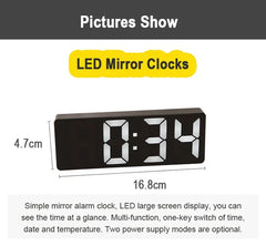 "Curved Mirror LED Alarm Clock with Temperature Display"