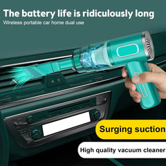 Turquoise handheld vacuum cleaner cleaning car interior with text about battery life and features.