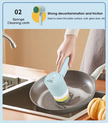 Cleaning tool being used on a frying pan with text about decontamination and friction.