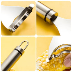Corn peeler tool being used on corn with a yellow background