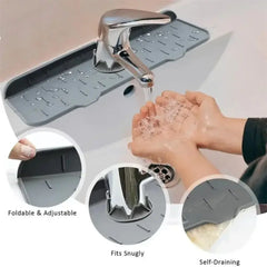 Foldable and adjustable sink strainer with self-draining feature, showing hands washing in a sink.