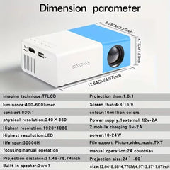 Projector with dimensions and technical specifications on a gray background