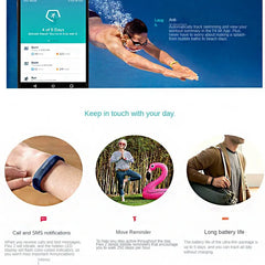 Product page with fitness tracker features, including app interface and lifestyle images.