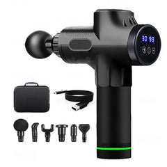 Black massage gun with digital display and attachments on a white background