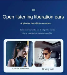 Advertisement for ear devices with two scenarios shown: exercise and fitness, driving call.