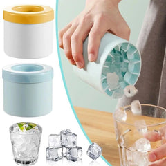 Ice cube tray with silicone mold, filled with ice cubes, and being used to make ice in a glass.