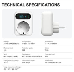 Technical specifications of a smart plug on a white background