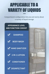 Product display with compartment configuration for various liquids on a blue background