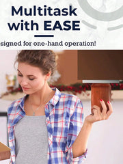 Woman holding a smartphone with text 'Multitask with EASE' and 'designed for one-hand operation'.