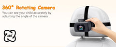 Helmet with a 360-degree rotating camera, showing a hand adjusting it on a light background.
