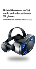 VR glasses with text about 5G audio and video capabilities on a white background