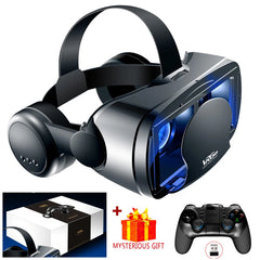 VR headset with controller and mystery gift box on a white background