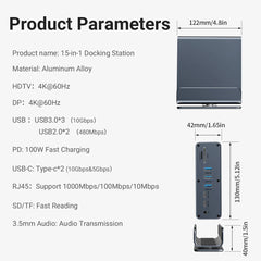 "15-in-1 USB-C Docking Station – Vertical 4K HD Hub with Triple Monitor Support, 1000Mbps RJ45, USB 3.0/2.0, PD 3.0, SD/TF, 3.5mm Audio for MacBook Pro"