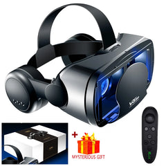 VR headset with controller and mystery gift box on a white background