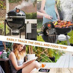 Collage of a grill, a woman using a smartphone, and food being cooked on a grill with text about temperature tracking.