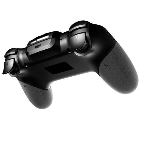 Black gaming controller on a white background