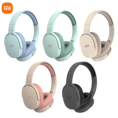 Set of five headphones in different colors with Xiaomi logo on a white background