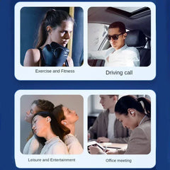 Four scenarios showing people using earbuds for different activities on a blue background.