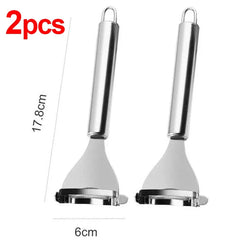 Two white kitchen tools with silver handles on a white background, labeled as 2pcs with dimensions.