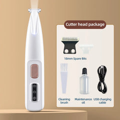 Hair trimmer with packaging displaying spare parts and accessories on a beige background