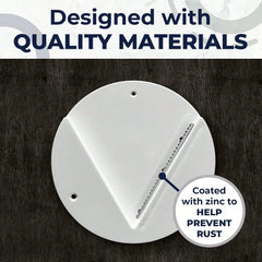 White metal component with text indicating quality materials and rust prevention.