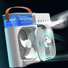 Portable fan with a handle on a dark background