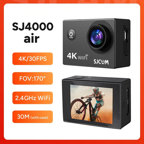 SJCAM SJ4000 air action camera with screen displaying a cyclist on a red background