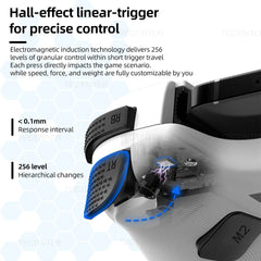 Close-up of a gaming controller with text about hall-effect linear-trigger technology.