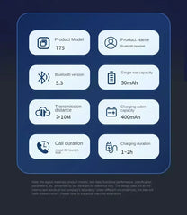 Product specifications of a Bluetooth headset on a dark blue background