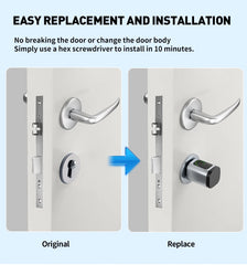 Door handle replacement process with text indicating ease of installation.