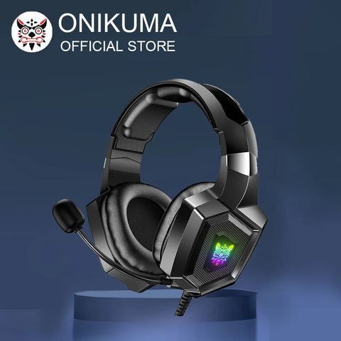 Black gaming headset with RGB lighting on a blue platform, branded as Onikuma.