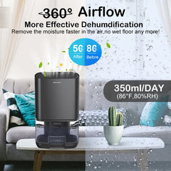 Dehumidifier with 360-degree airflow feature in a living room setting