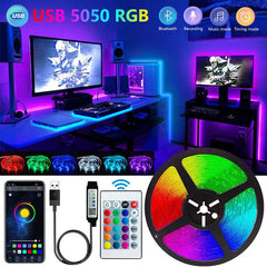 USB 5050 RGB LED strip lights with control devices and setup in a gaming room.