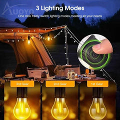 Outdoor setting with string lights and a tent, featuring three lighting modes.