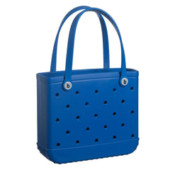 Blue tote bag with perforated design and brand logo on a white background