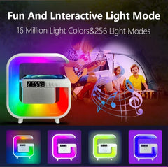 Colorful light projector with text about interactive light mode and color options, used in a camping scene.