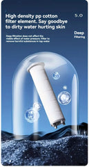 Product packaging with a filter element and text about high-density PP cotton filter and water filtration benefits.