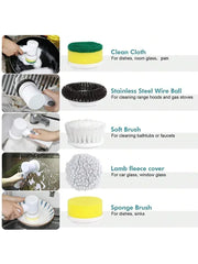 Set of cleaning tools including a clean cloth, stainless steel wire ball, soft brush, lamb fleece cover, and sponge brush with usage examples.