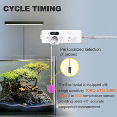 Aquarium setup with cycle timing device, probes, and thermostat.