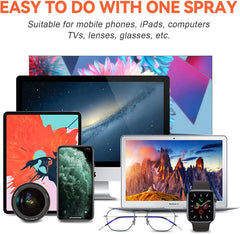 Various electronic devices and accessories displayed with text about a cleaning spray.