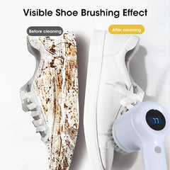 Before and after cleaning of a shoe with a brush, showing visible dirt removal.