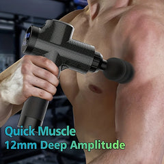 Person using a massage gun on their shoulder with text 'Quick-Muscle 12mm Deep Amplitude'.