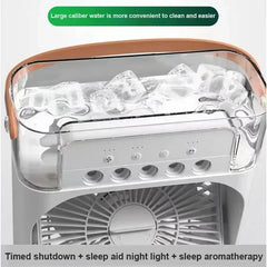 Portable air cooler with ice cubes inside, featuring text about water caliber and product features.