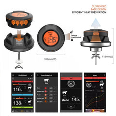 Digital meat thermometer with app interface on a white background