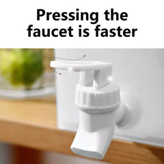 White faucet handle on a kitchen sink with text indicating it is faster to press.