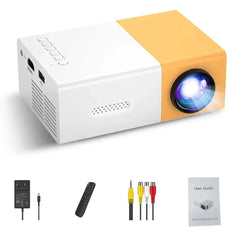White and orange projector with accessories on a white background
