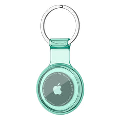 Mint green Apple AirTag holder with keychain on a white background